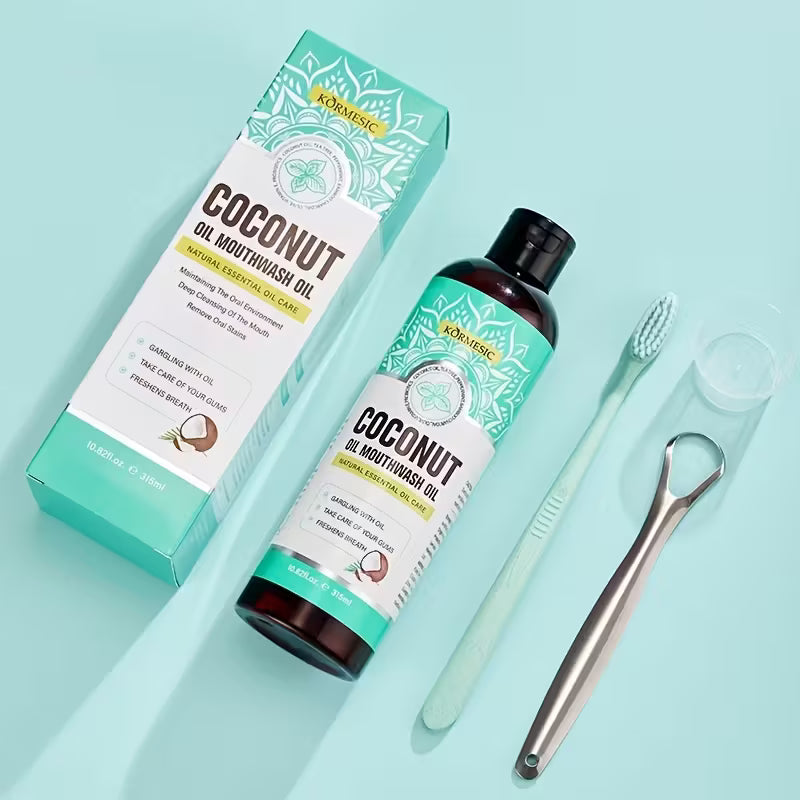 Coconut Oil Mouthwash Oil Pulling with Tongue Scraper